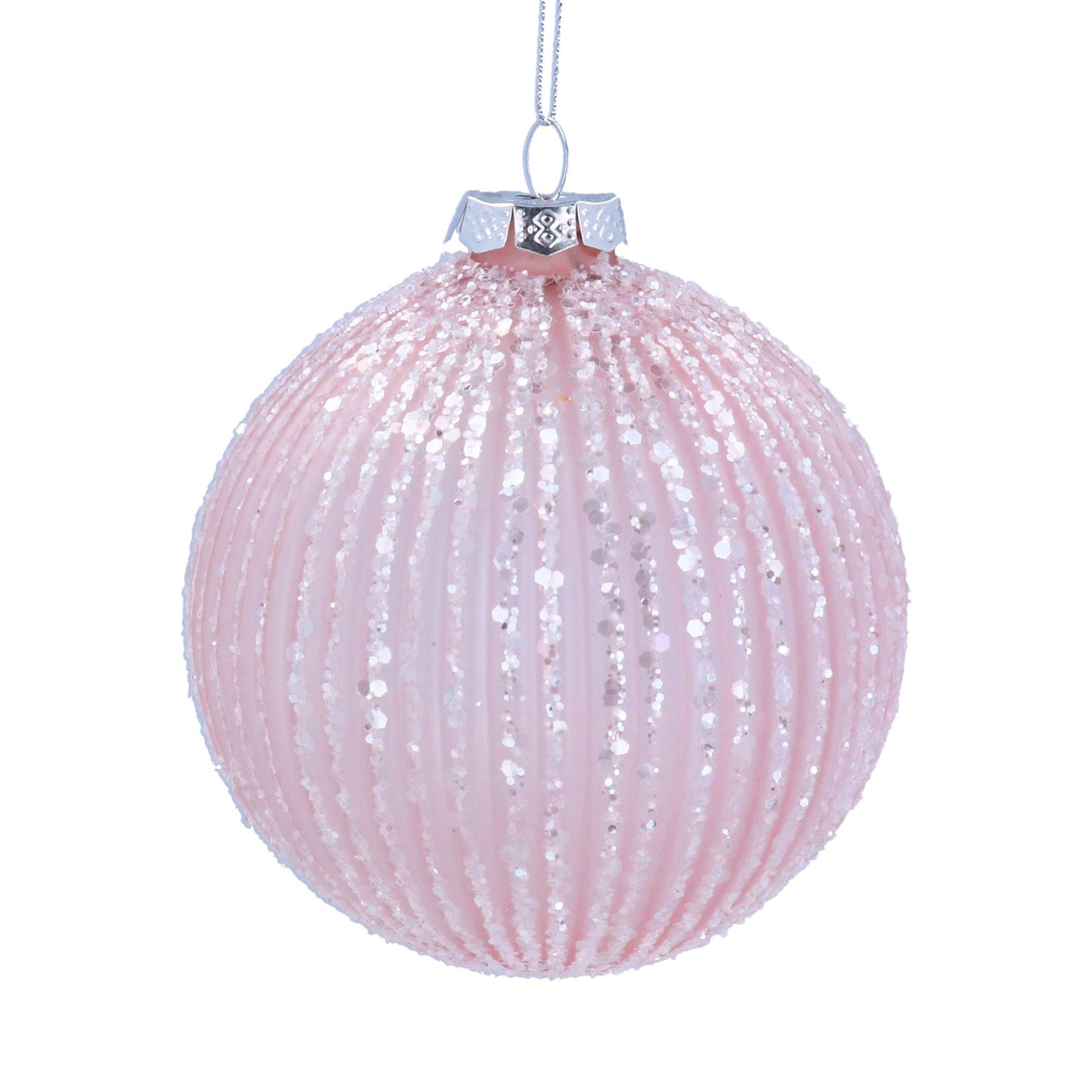 Opaque Pink Glitter Ribbed Glass Decoration