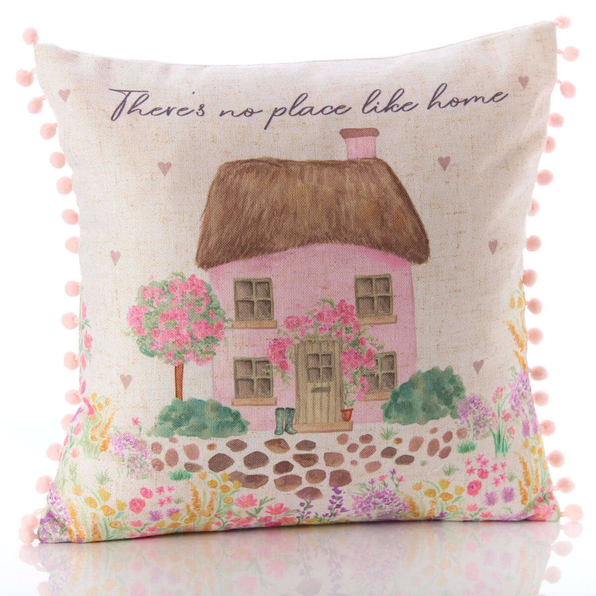 Thatched Cottage Garden Cushion with Pom Poms