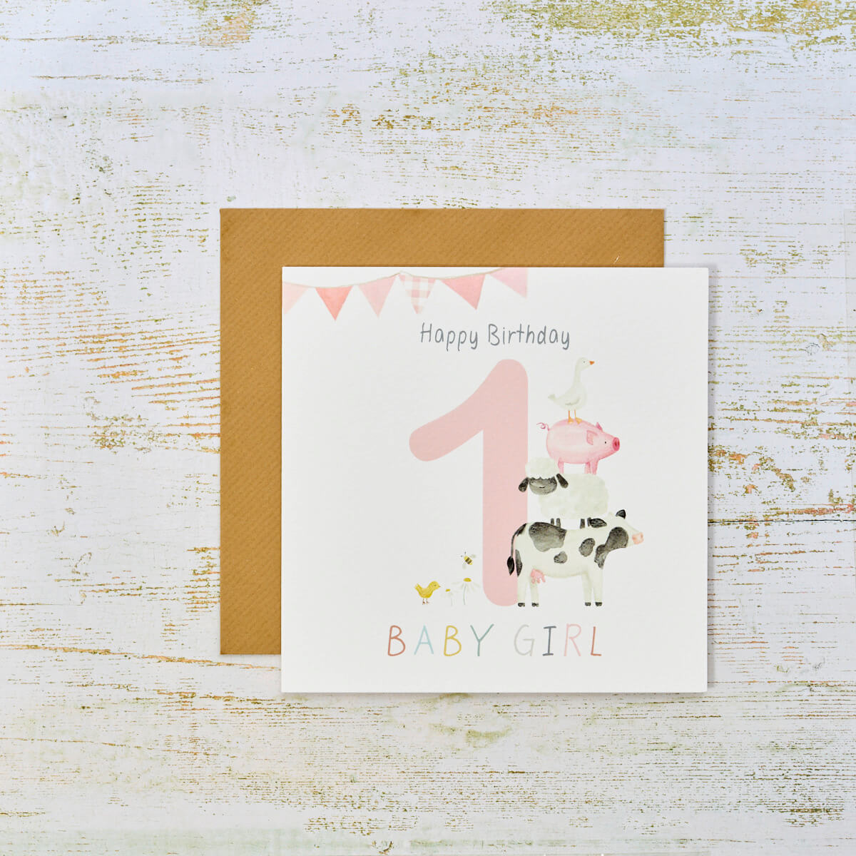 1st Birthday Farm Animal Card Pink