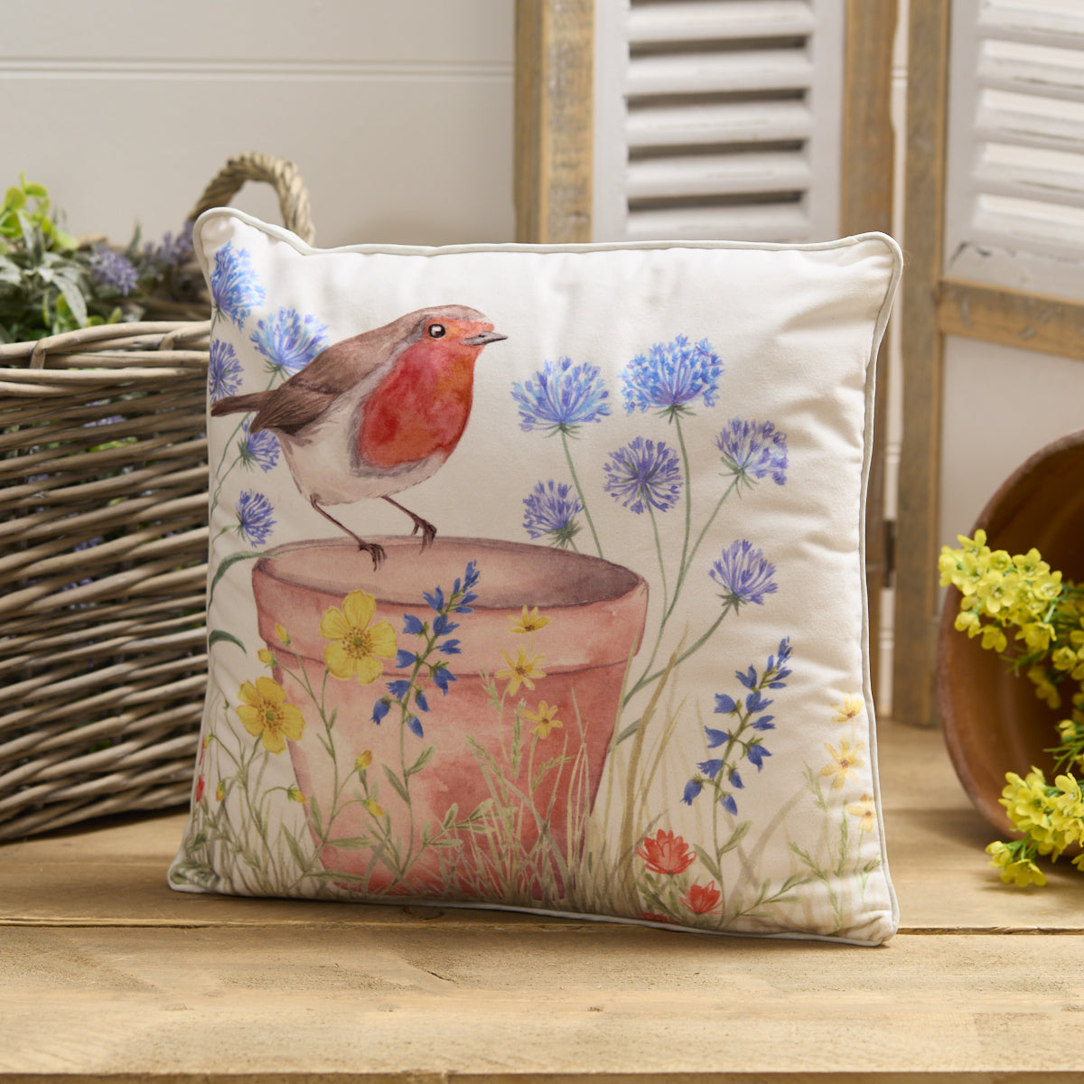 Robin on Plant Pot Floral Velour Cushion