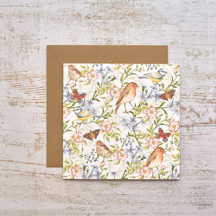 Garden Birds with Butterflies and Flowers Card