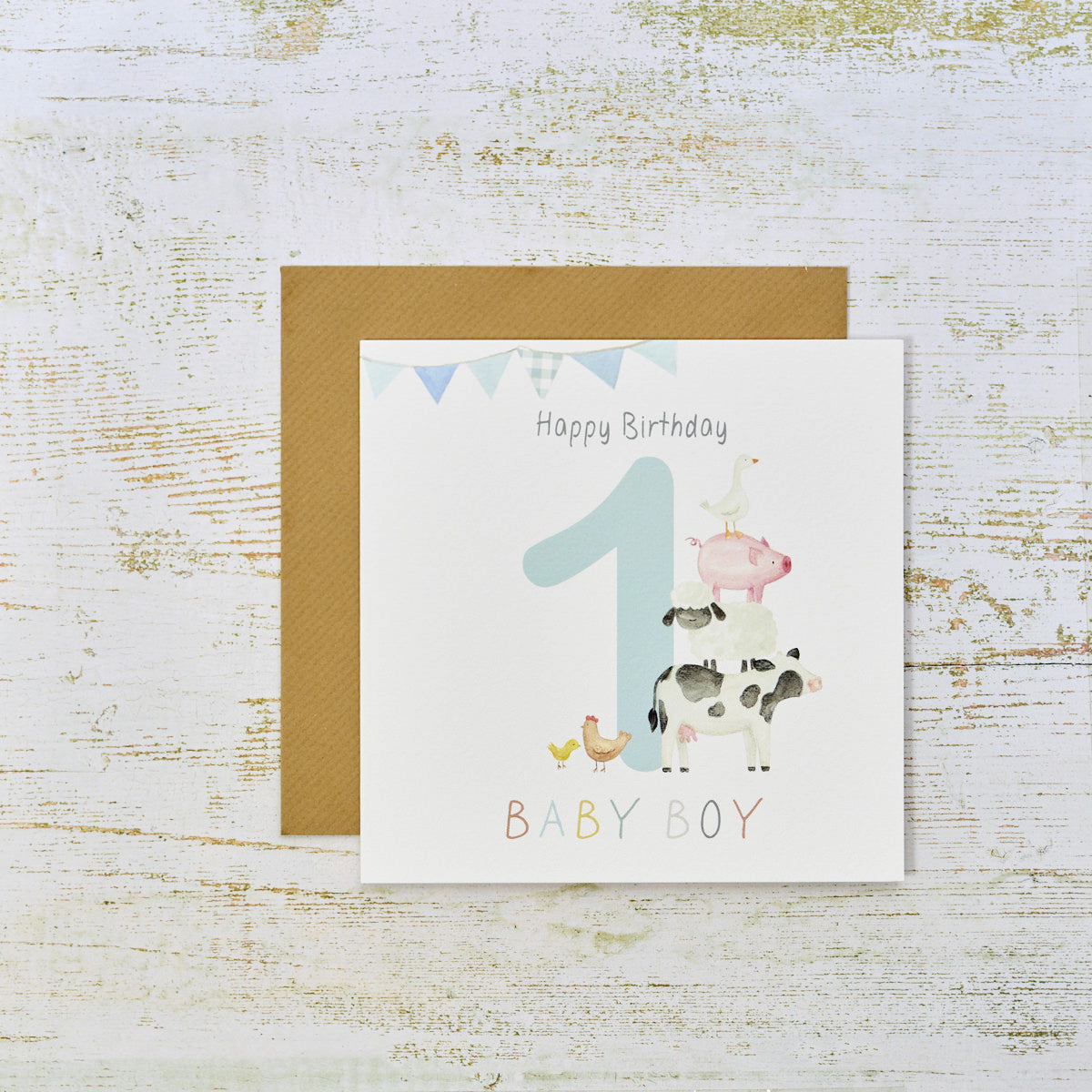 1st Birthday Farm Animal Card Blue