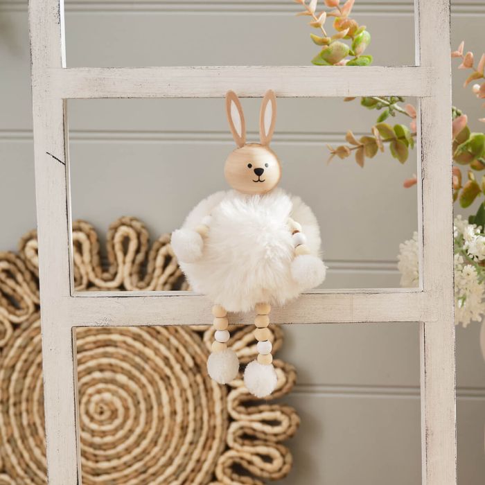 Farmhouse Bunny White Pom Pom Shelf Sitter