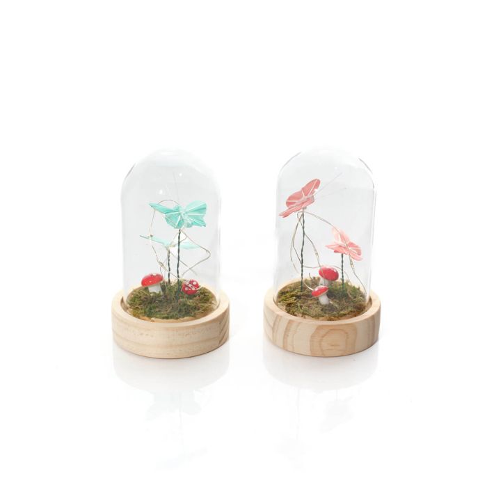 Garden Birds Glass Dome with LED Butterflies