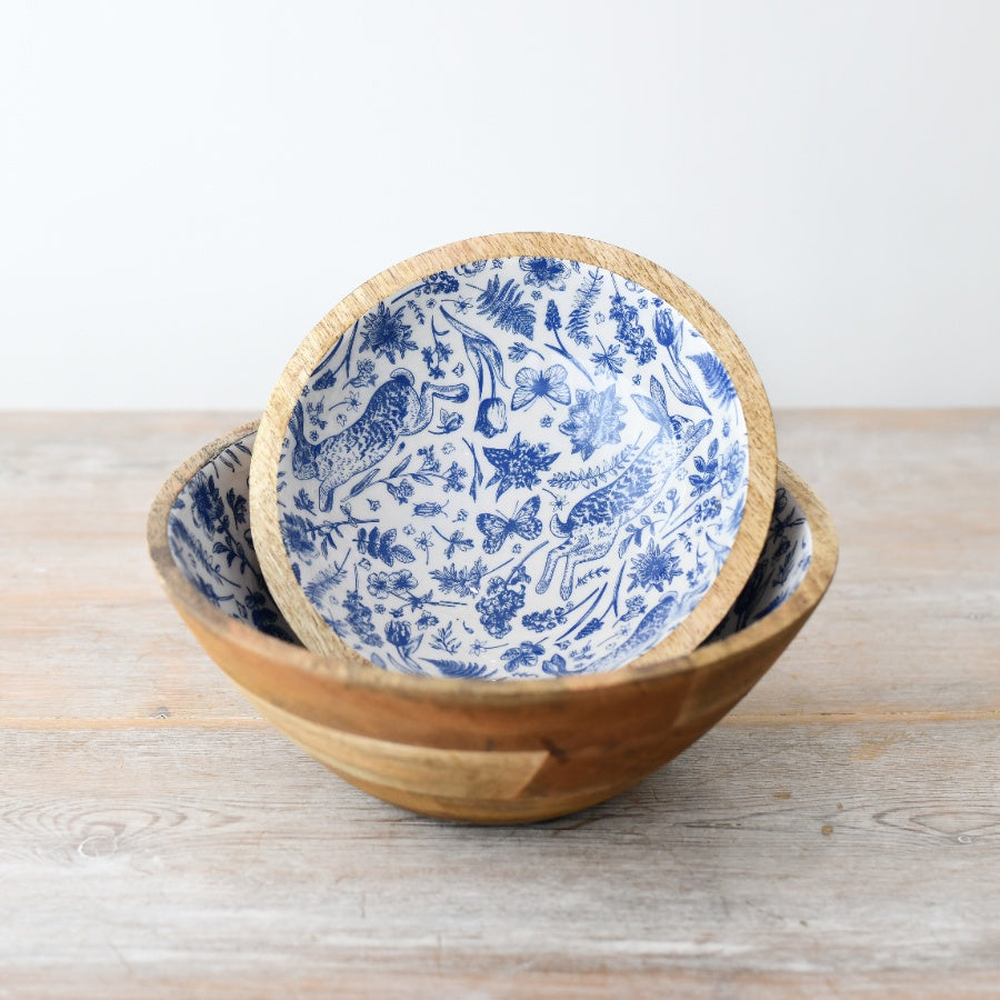 Blue Hare Floral Wood & Enamel Bowl