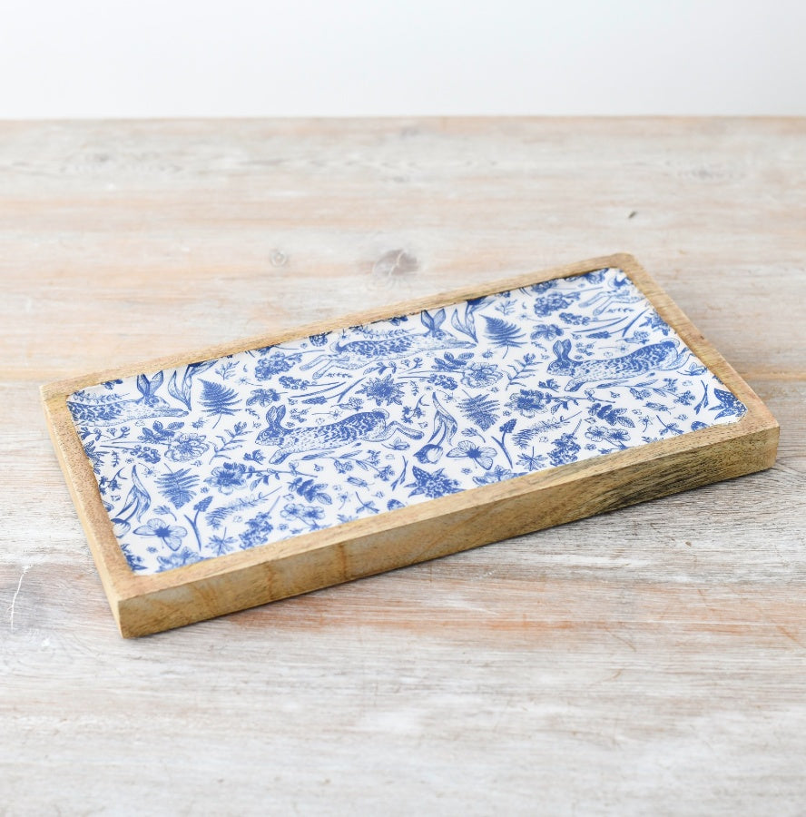 Blue Hare Floral Wood & Enamel Tray