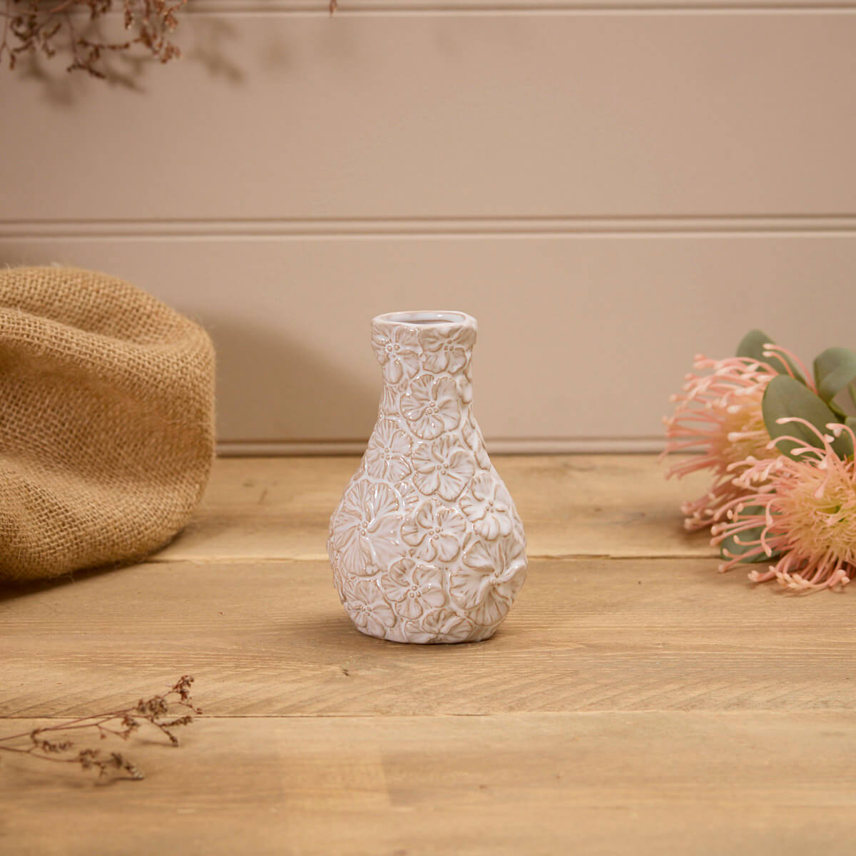 White Embossed Flower Vase Small