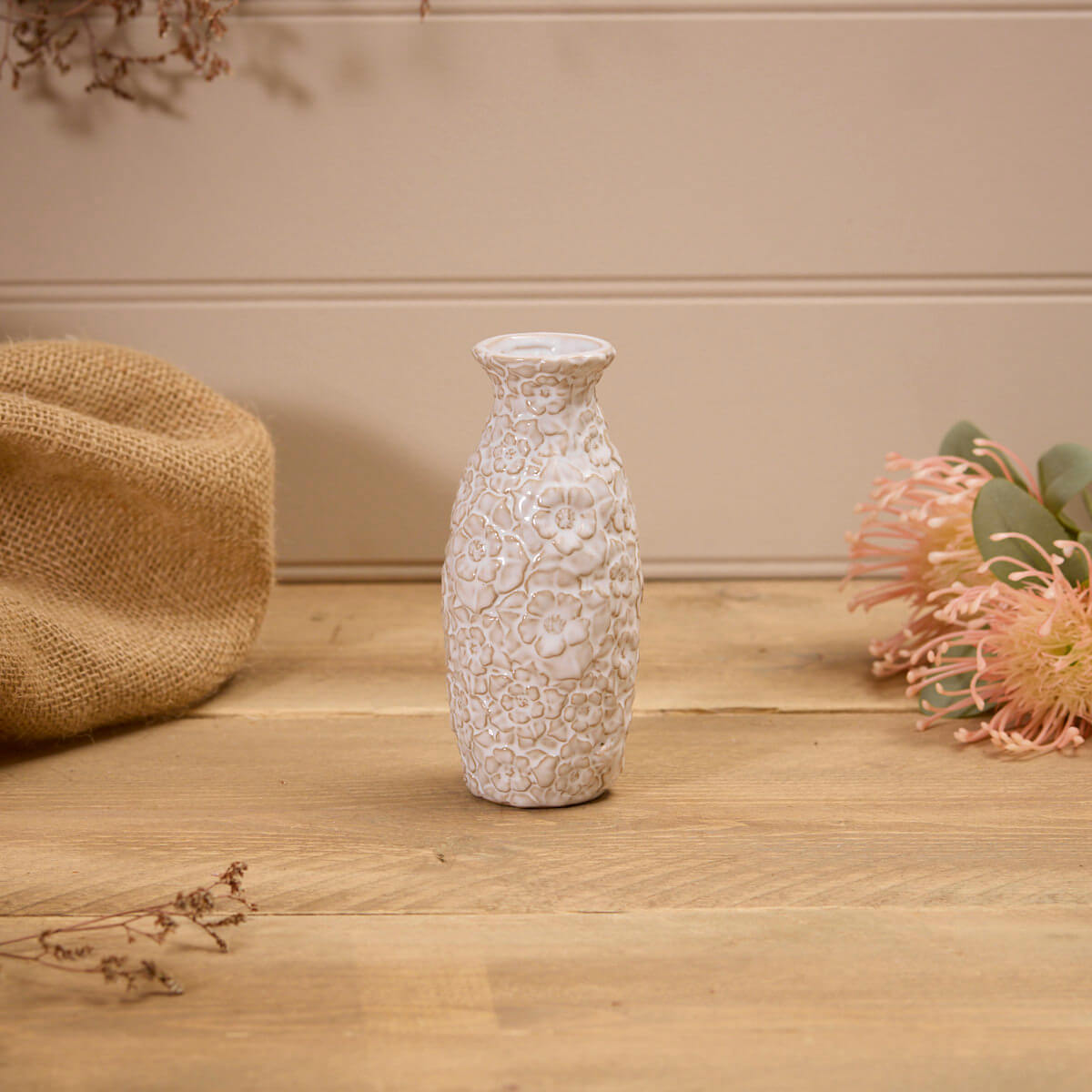 White Embossed Flower Vase Medium