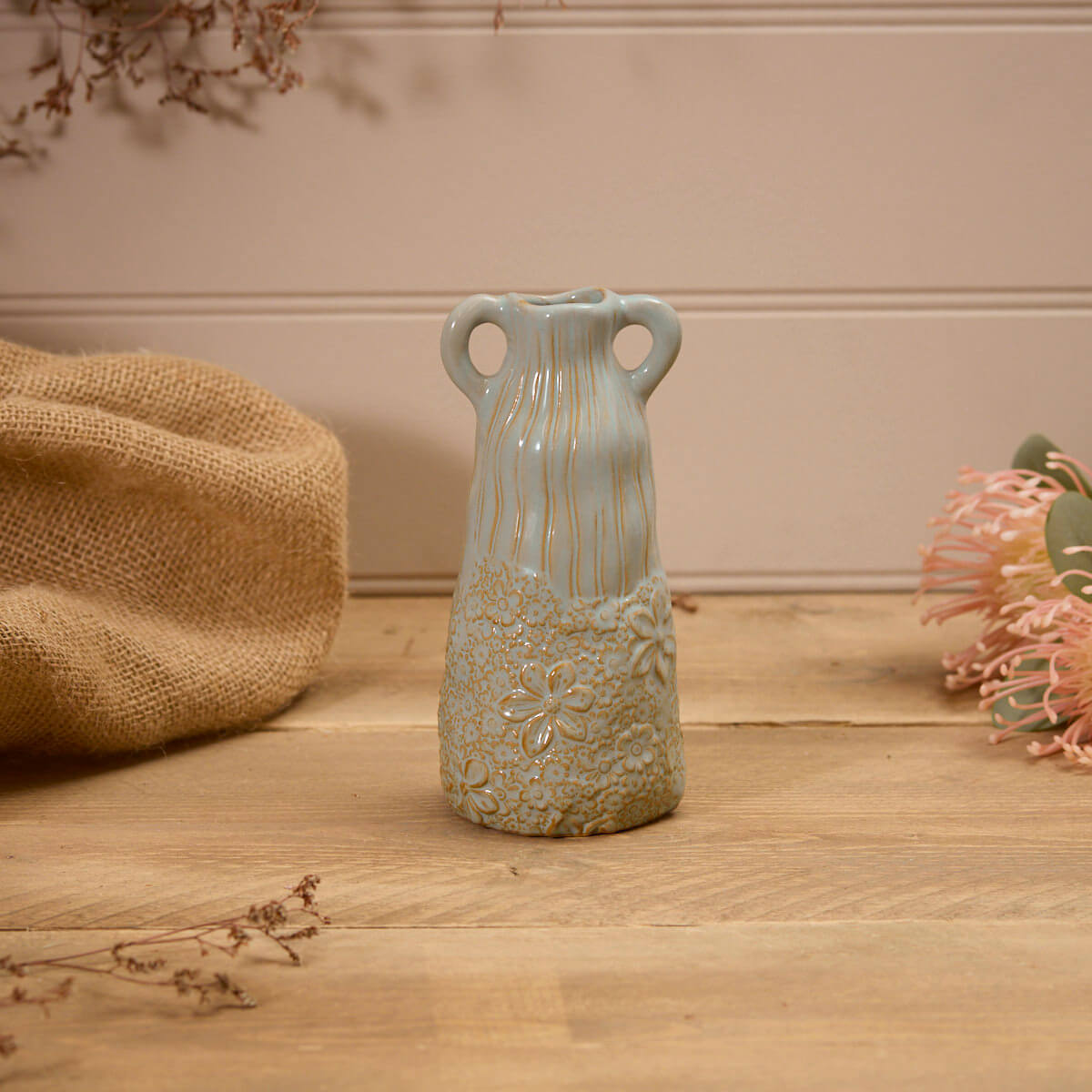 Ceramic Green Embossed Ear Handle Vase