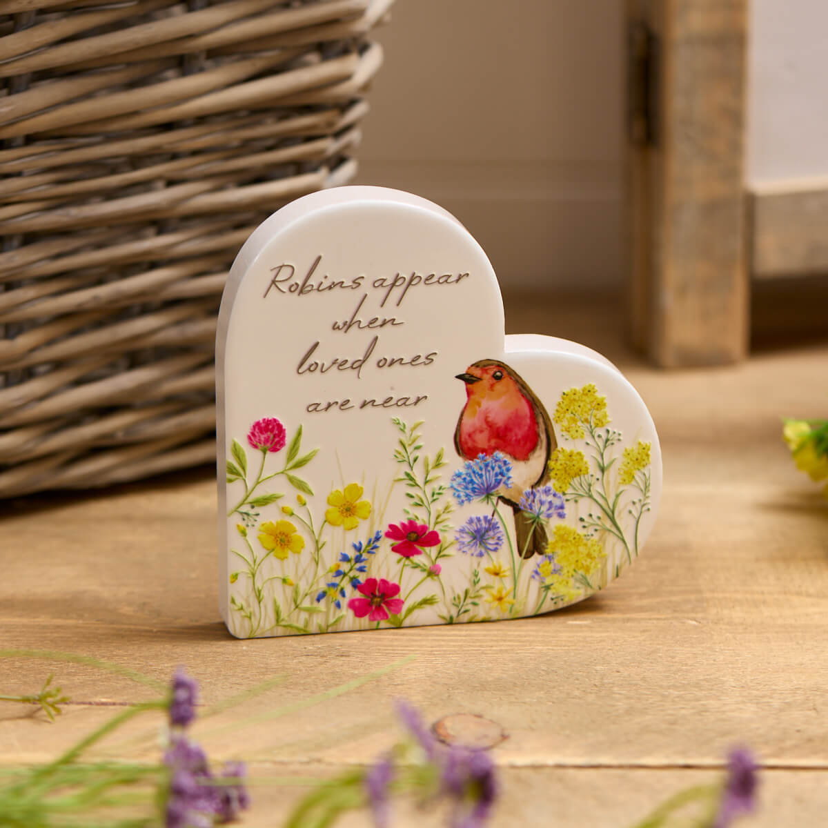 Robins Appear Floral Ceramic Heart