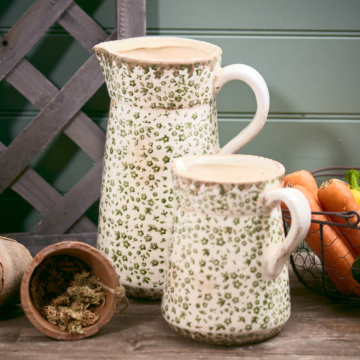 Green Ditsy Distressed Stoneware Jug Small