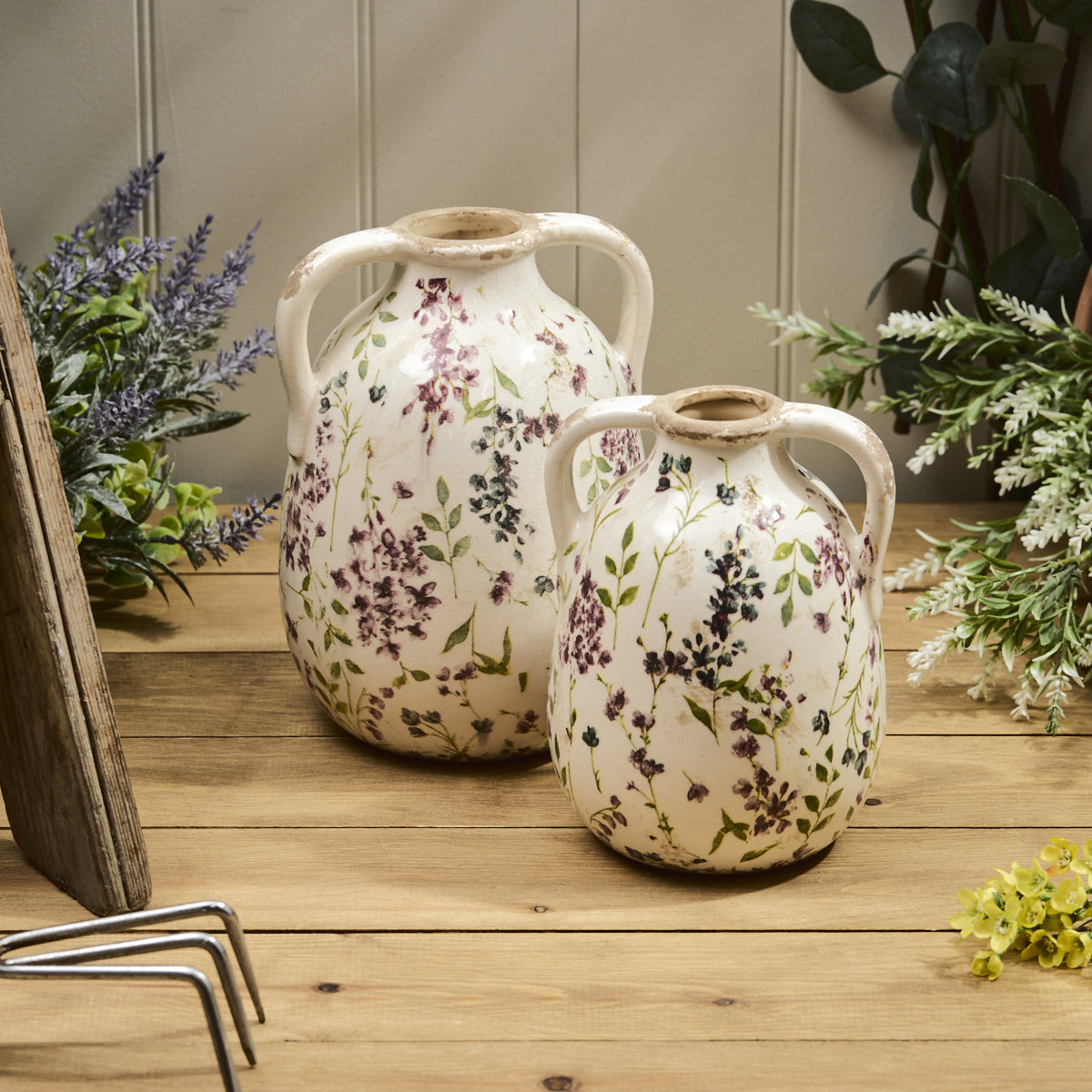 Distressed Floral Ceramic Urn with Handles Small