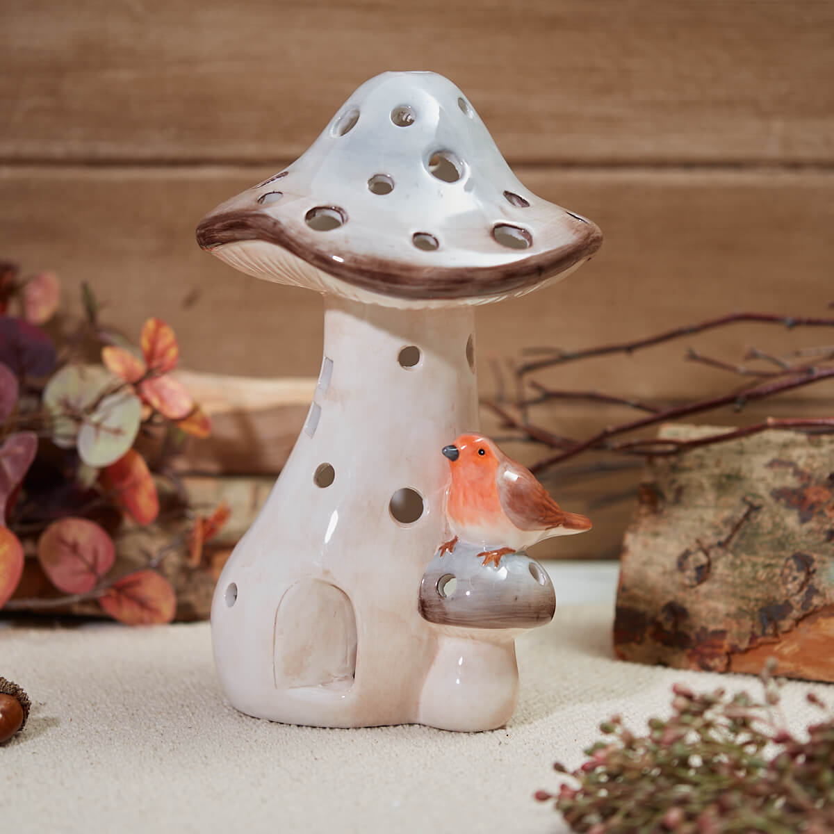 Rustic Woodland Ceramic Mushroom T-Light Holder with Robin