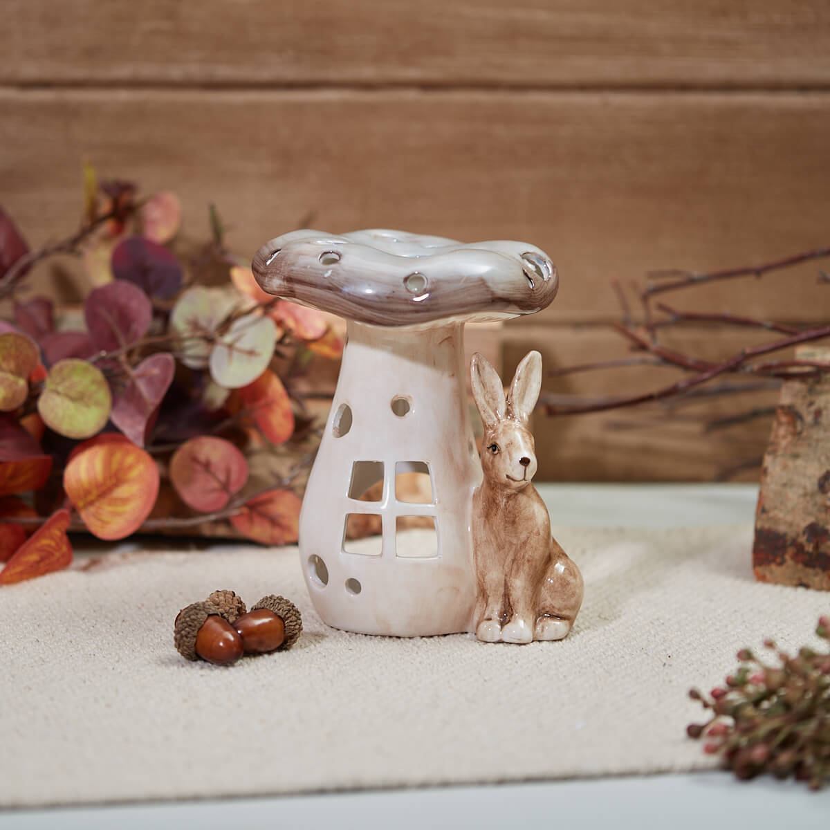 Rustic Woodland Ceramic Mushroom T-Light Holder with Hare