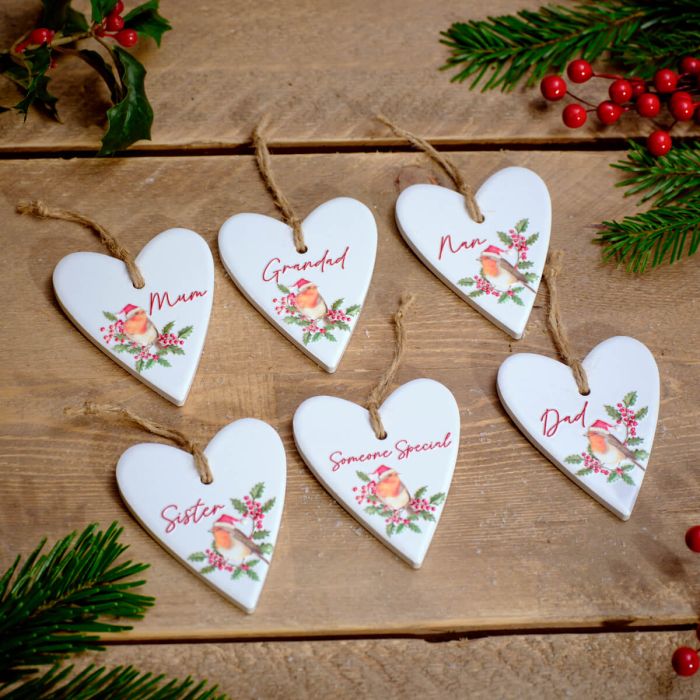 Festive Robin Raised Ceramic Heart Hanger