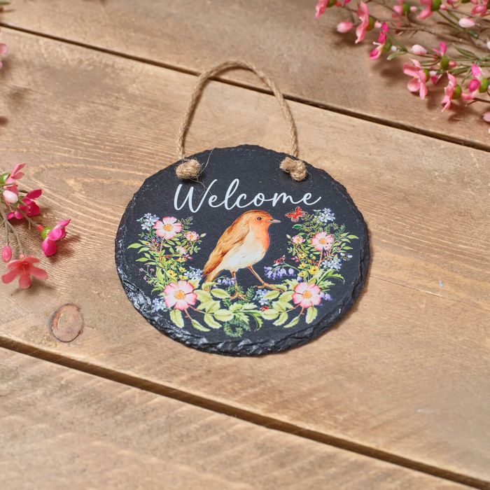 Garden Birds Round Slate Welcome Plaque