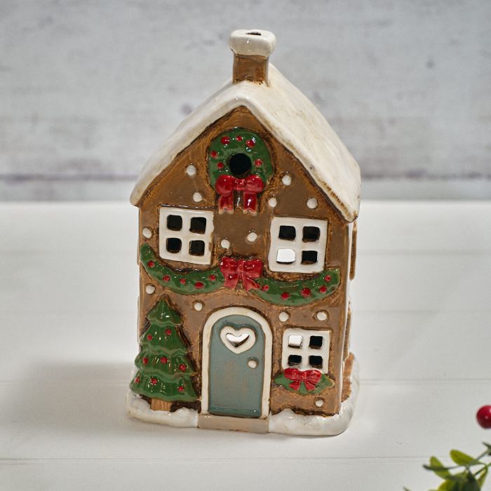 Holly Cottage Stoneware House with Wreath & Bows