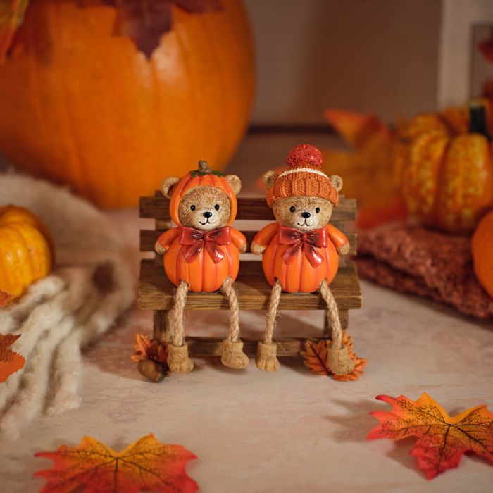 Harvest Home Resin Pumpkin Bears on Bench
