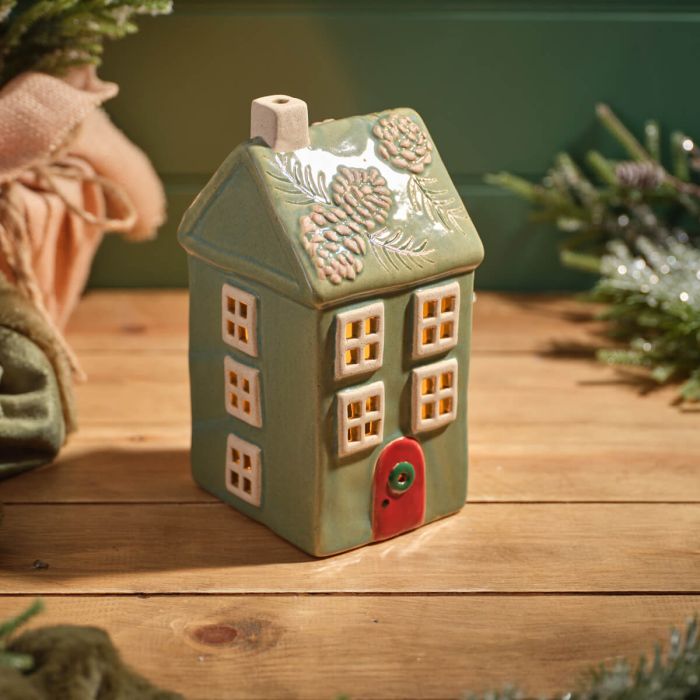 Evergreen Christmas Stoneware T-Light House Tall