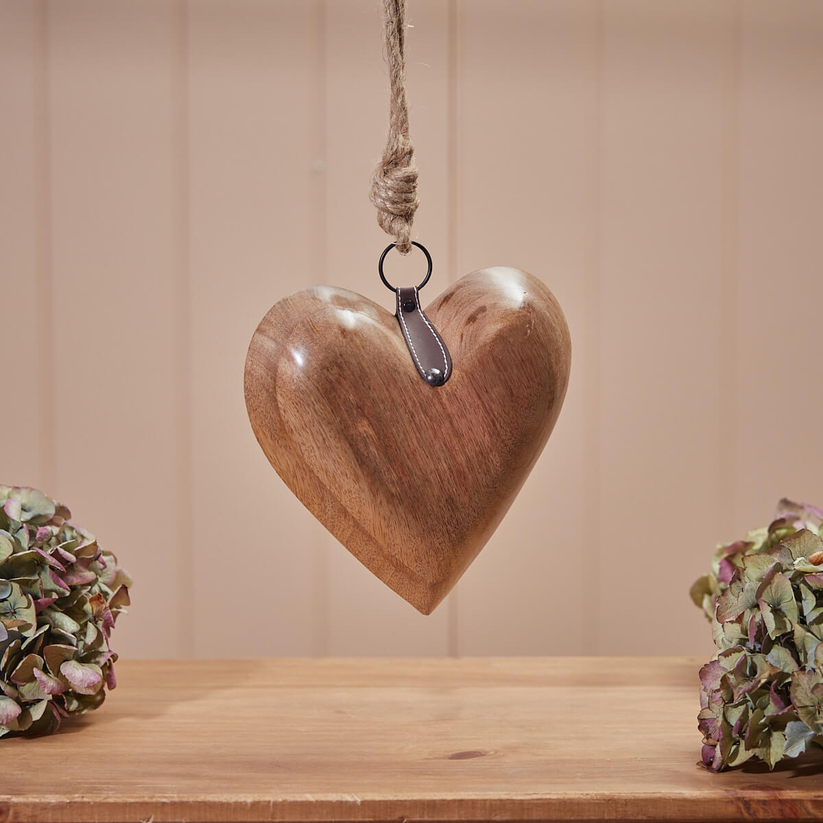 Chunky Mango Wood 3D Heart Hanger with Leather Detail