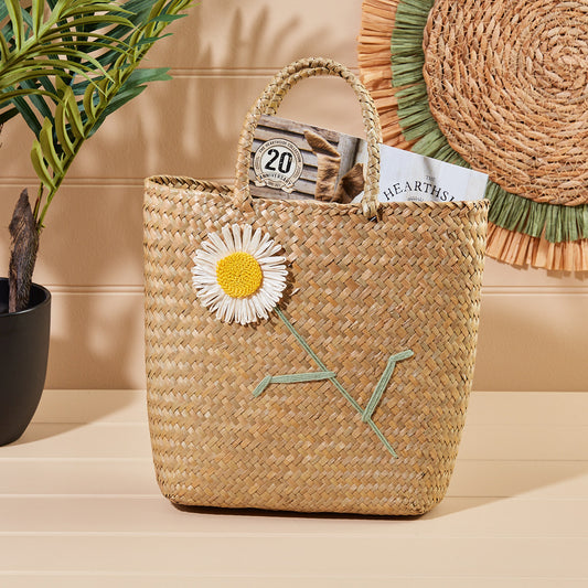 Woven Grass Bag with Paper Daisy