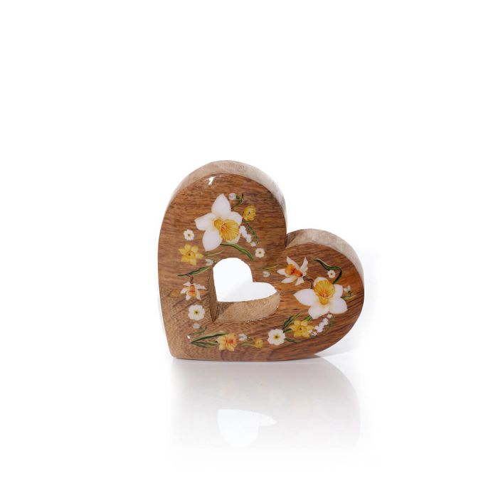 Floral Serenade Mango Wood Heart Block Medium
