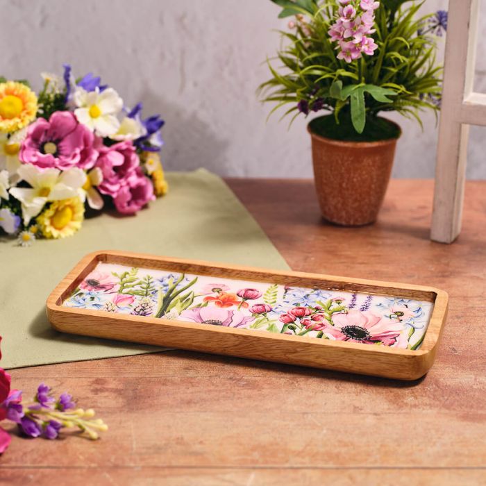 Floral Serenade Mango Wood Long Tray