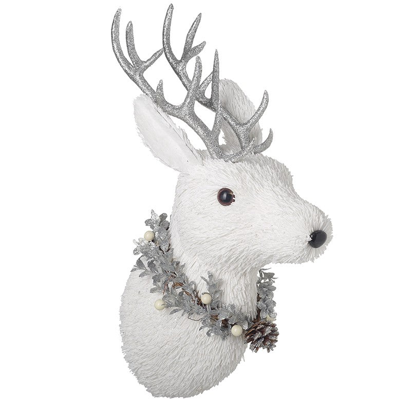 Winter White Deer Head with Silver Antlers