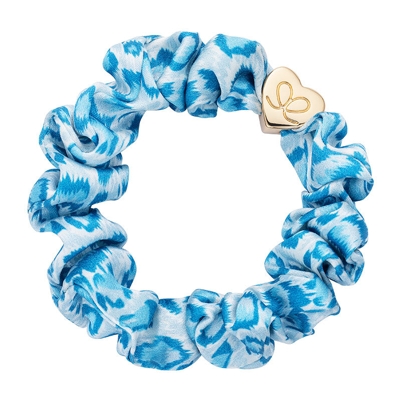 By Eloise Bangle Band Silk Scrunchie Blue Leopard with Gold Heart