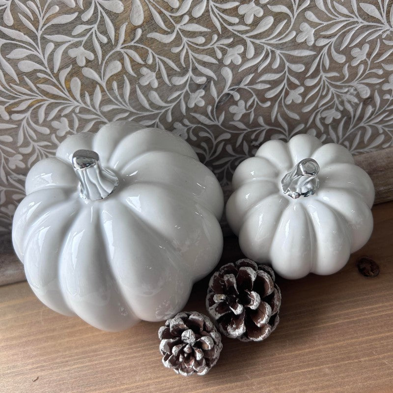 White Ceramic Pumpkin with Silver Stalk