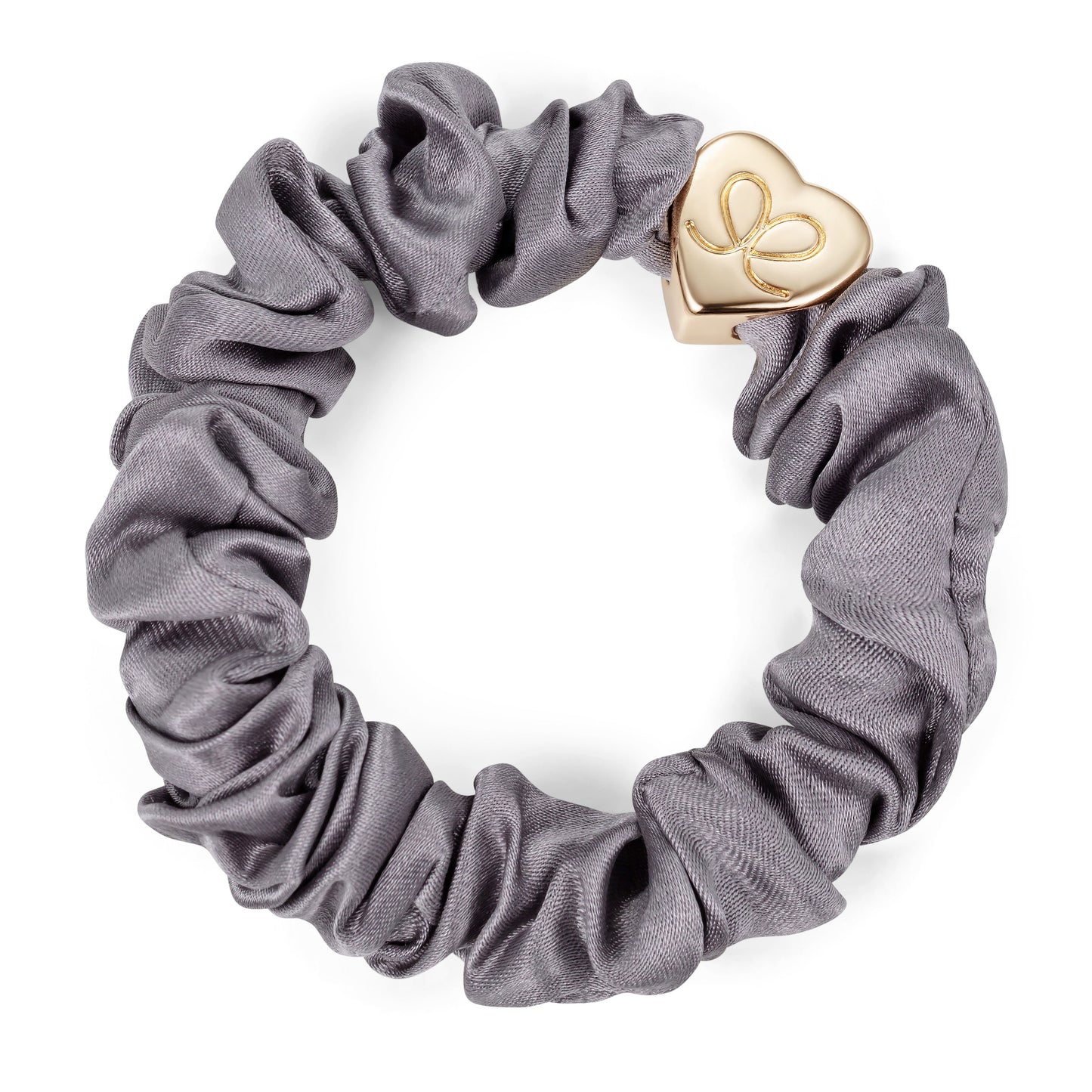 By Eloise Bangle Band Silk Scrunchie Grey with Gold Heart