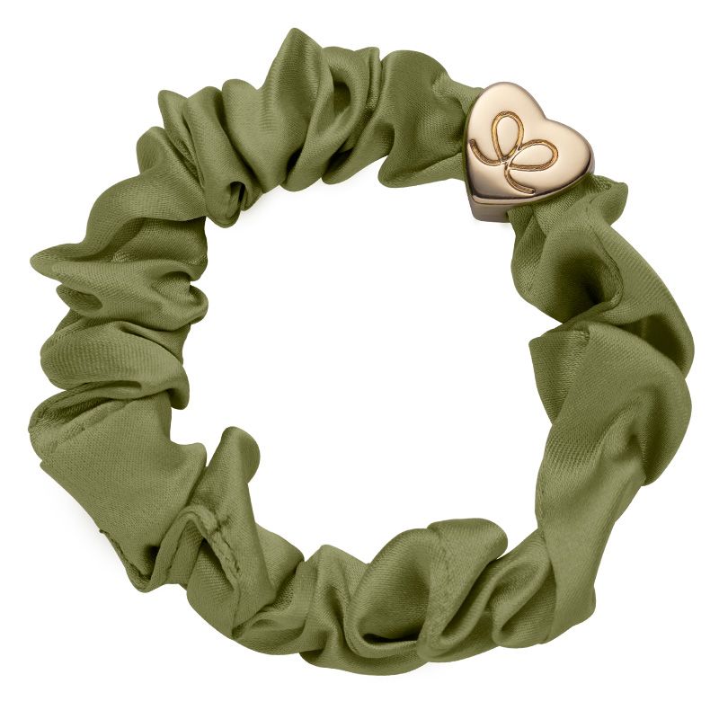 By Eloise Bangle Band Silk Scrunchie Olive Green with Gold Heart