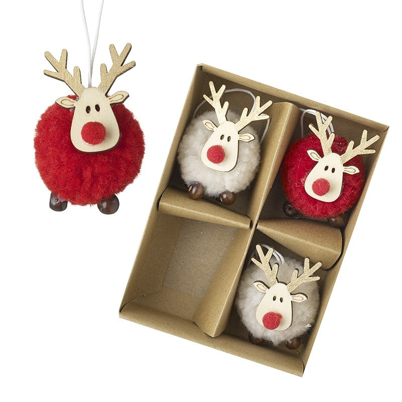 Set of 4 Reindeer Pom Pom Decorations