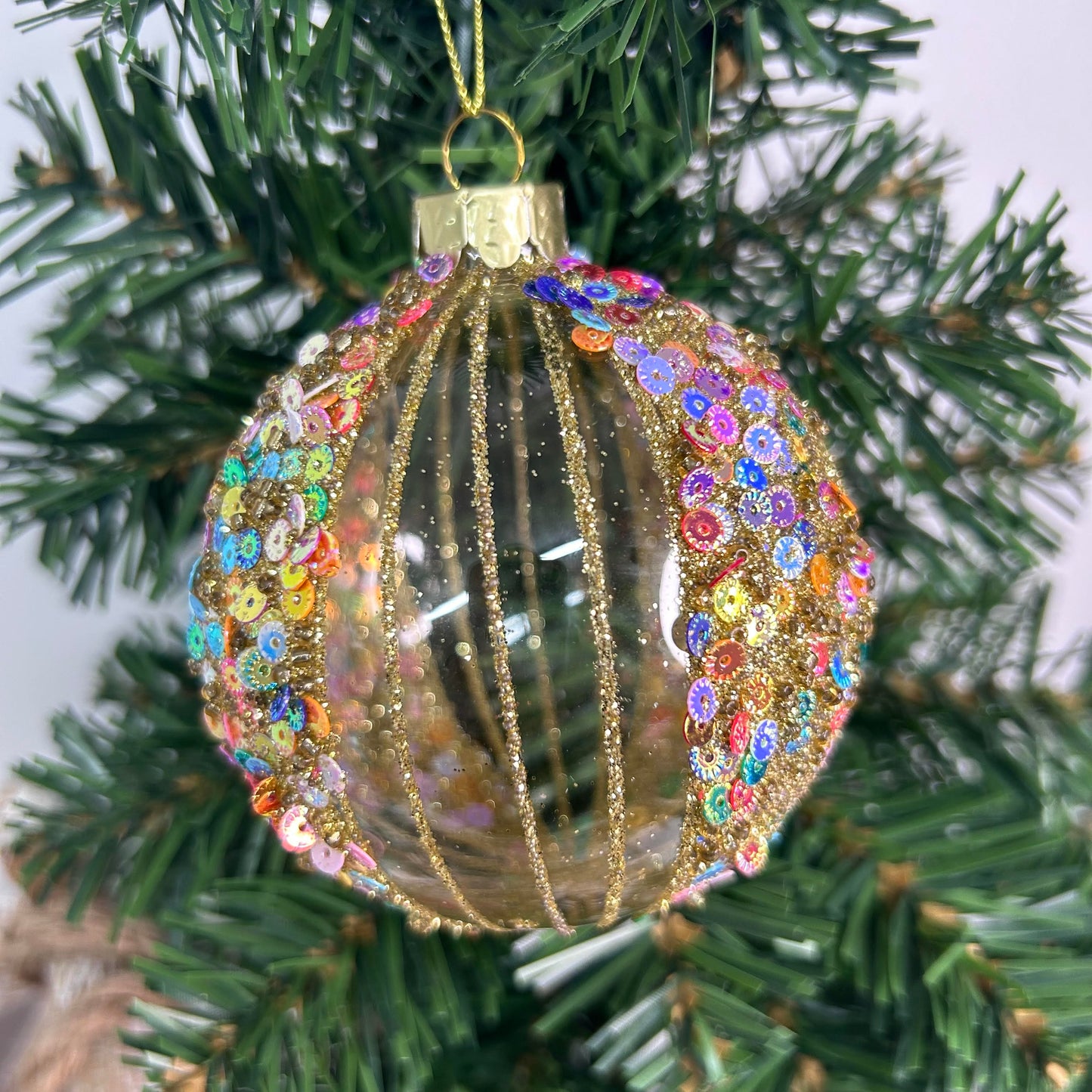 Multi Sequin Striped Glass Bauble