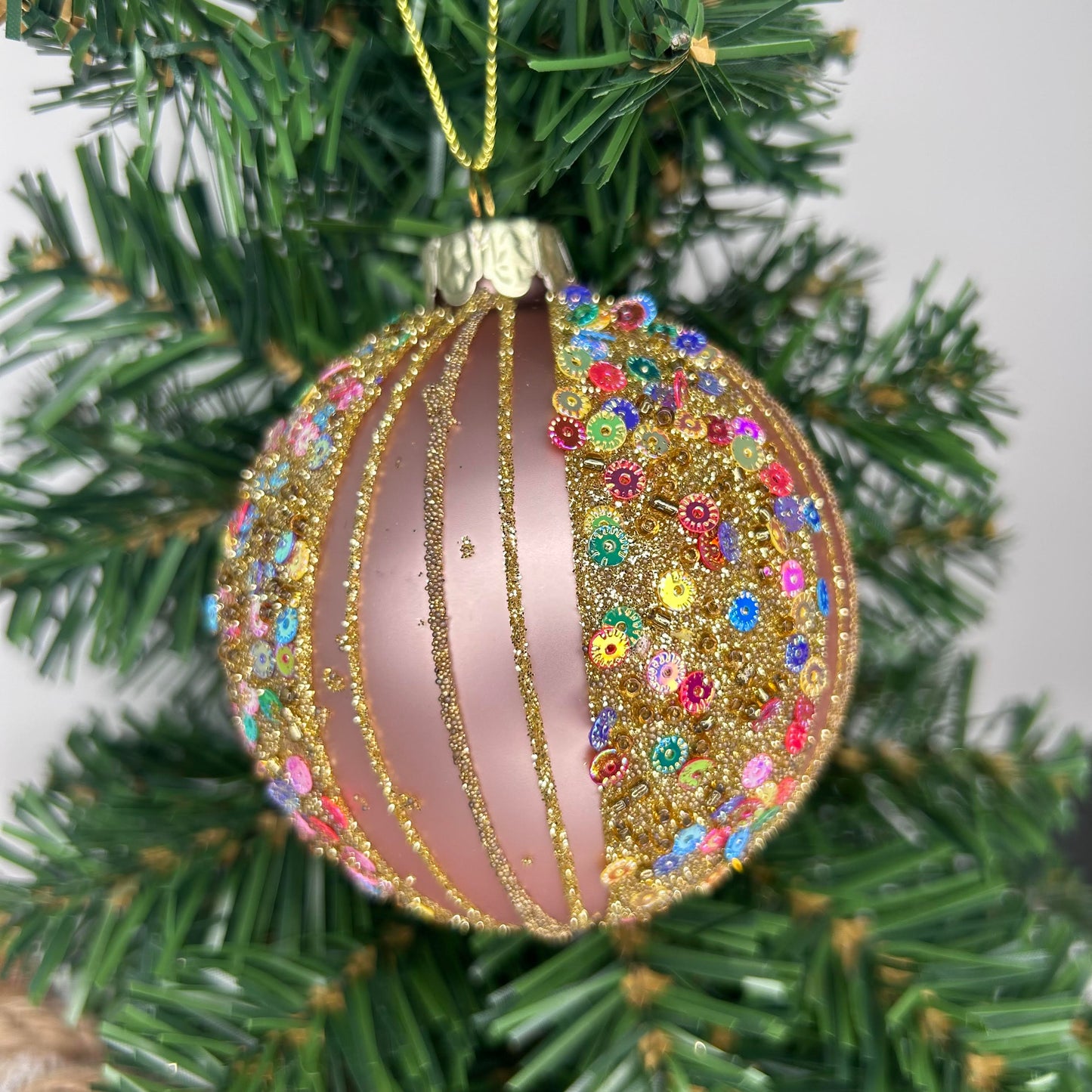 Multi Sequin Striped Glass Bauble