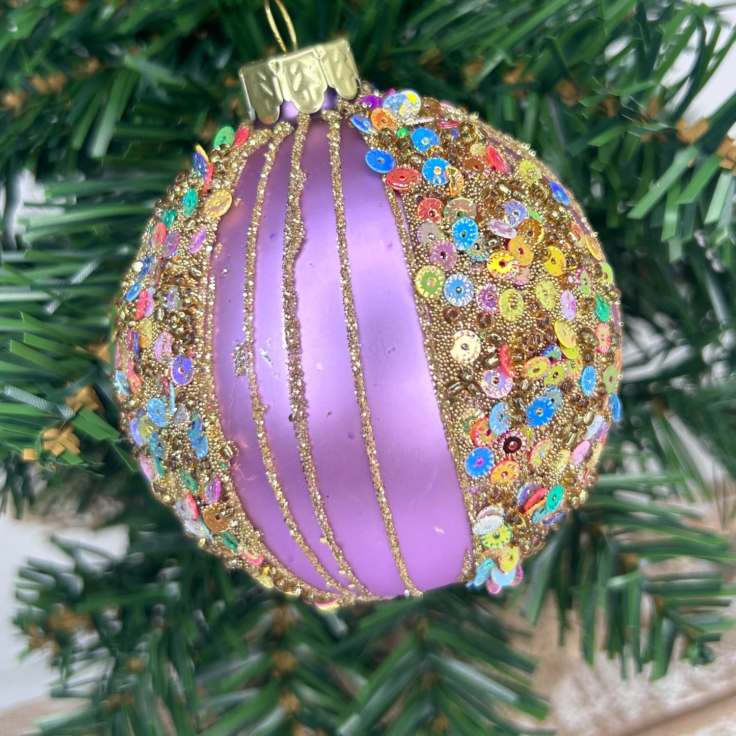 Multi Sequin Striped Glass Bauble