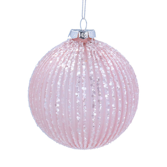 Opaque Pink Glitter Ribbed Glass Decoration