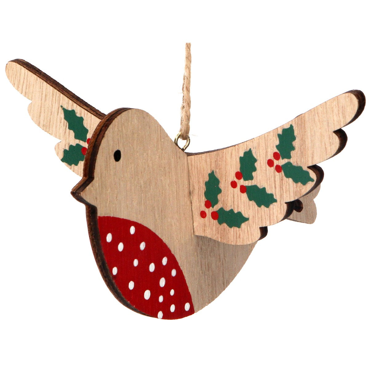 Wooden Flying Robin with Holly Tree Decoration