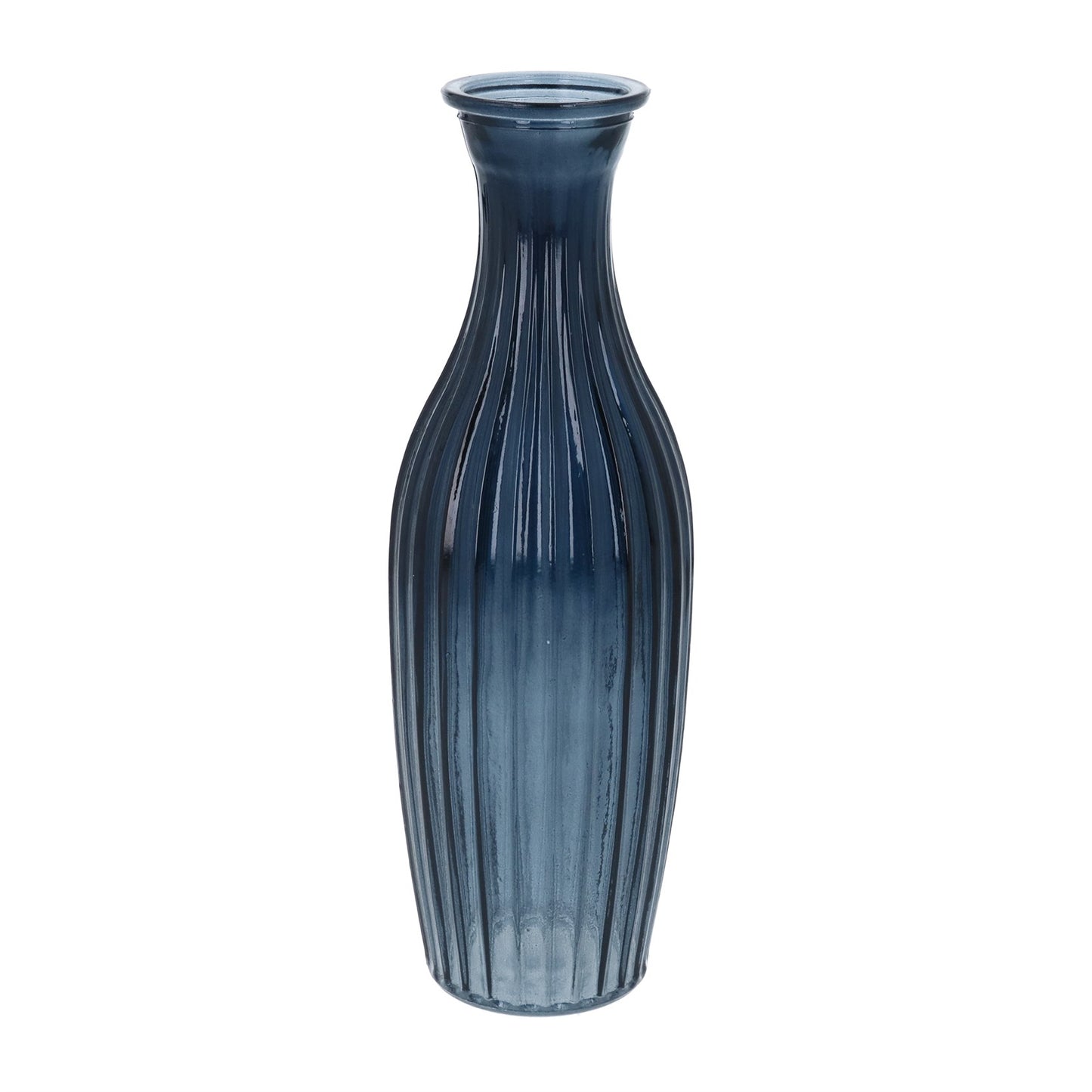 Navy Glass Ribbed Slim Vase