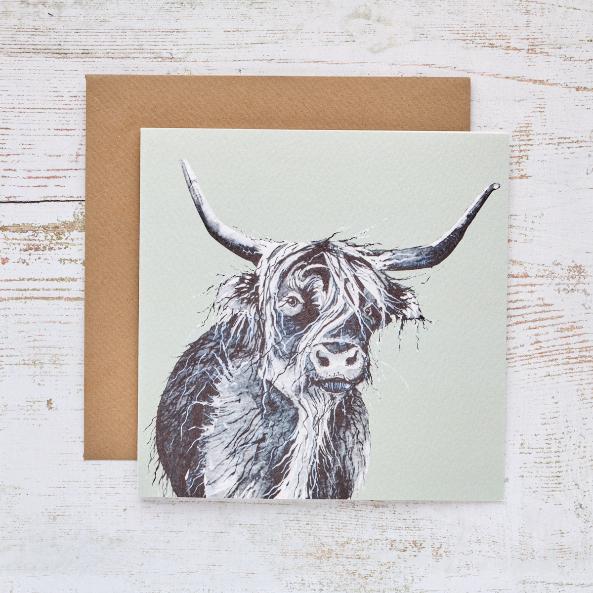 Green & Greyscale Highland Cow Card