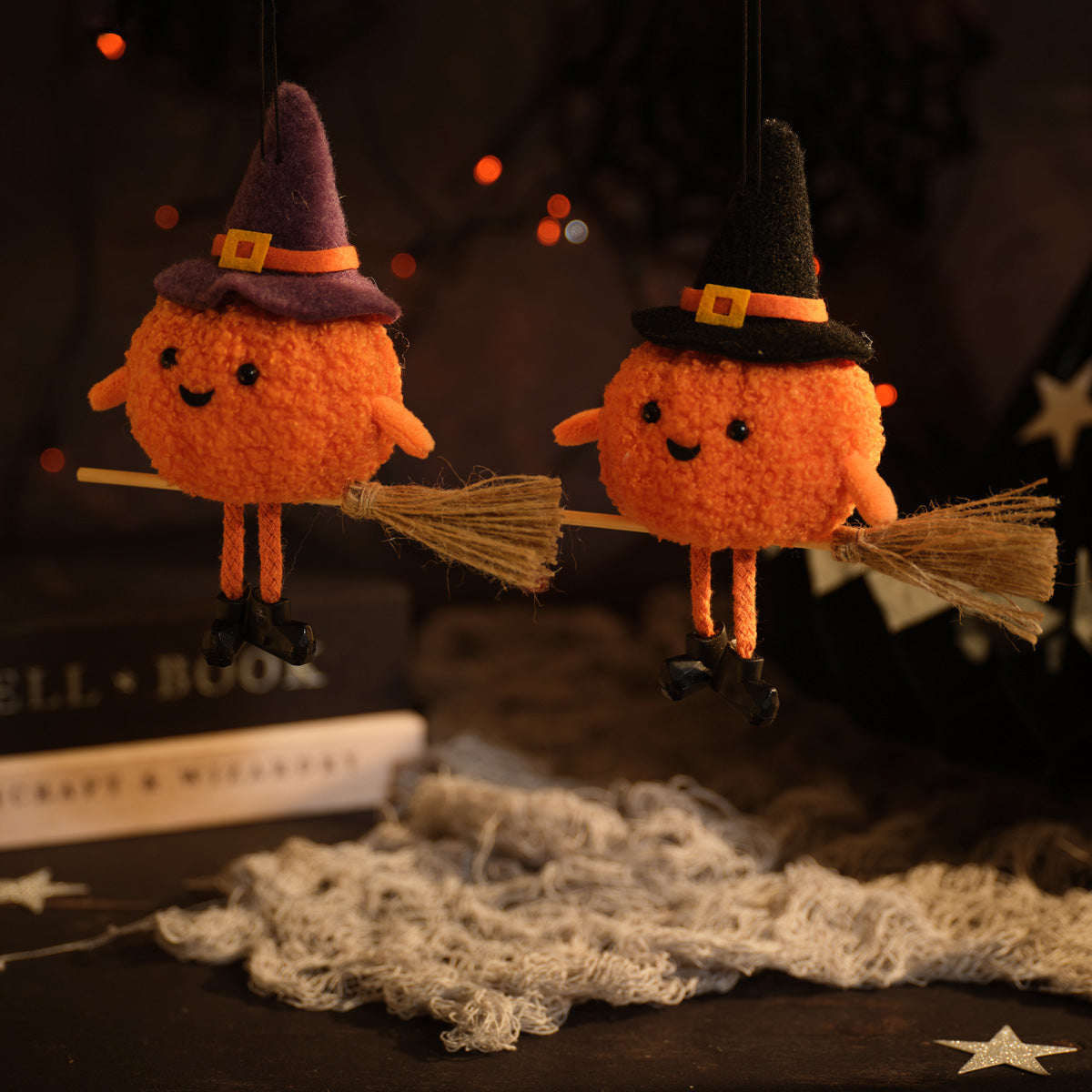 Creepy Cuties Textile Pumpkin On Broom Hanger