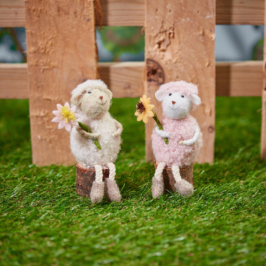 Fabric Sheep on Wood with Flower