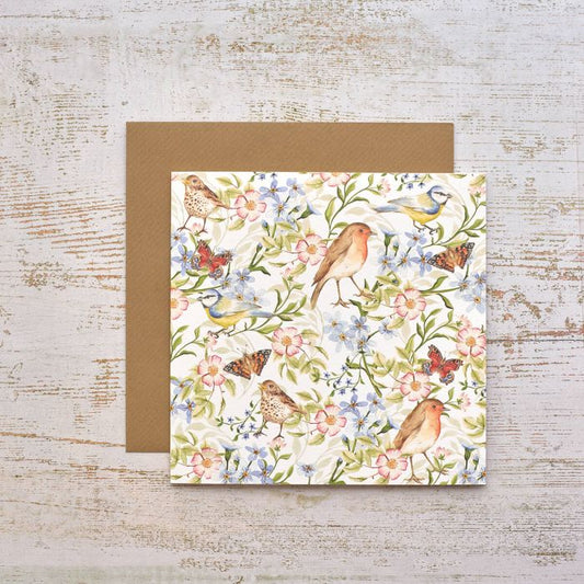 Garden Birds with Butterflies and Flowers Card