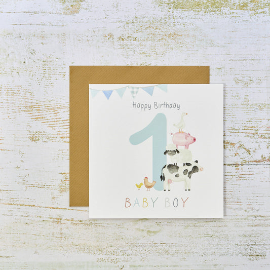 1st Birthday Farm Animal Card Blue