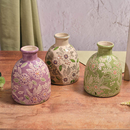 Floral Serenade Stoneware Embossed Vase