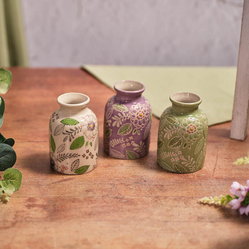 Floral Serenade Stoneware Embossed Bud Vase