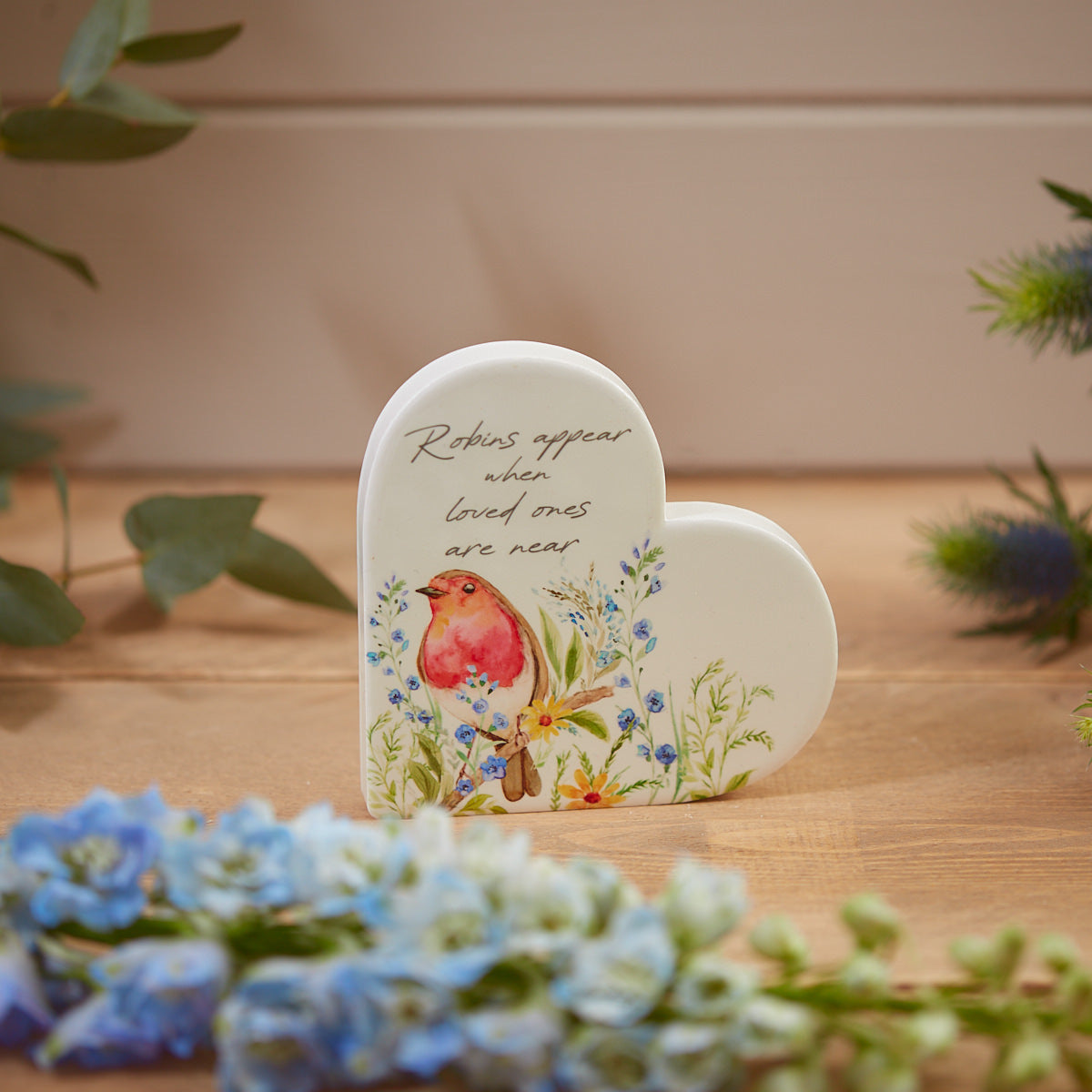 Robin Forget Me Not Ceramic Heart Block