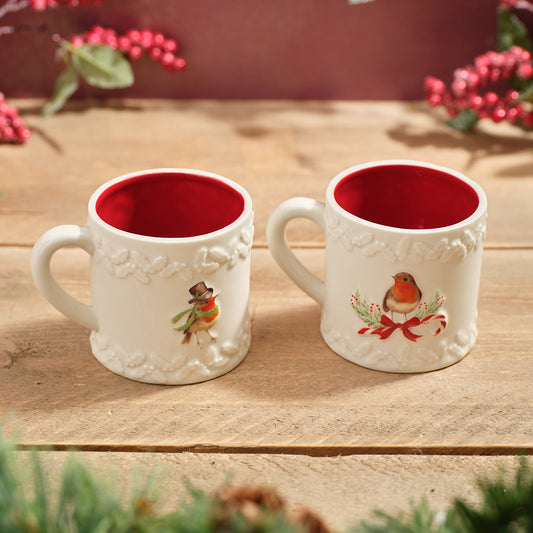 Robin Embossed Stoneware Christmas Mug