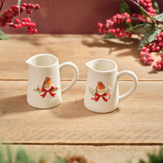 Robin Embossed Stoneware Christmas Mini Jug
