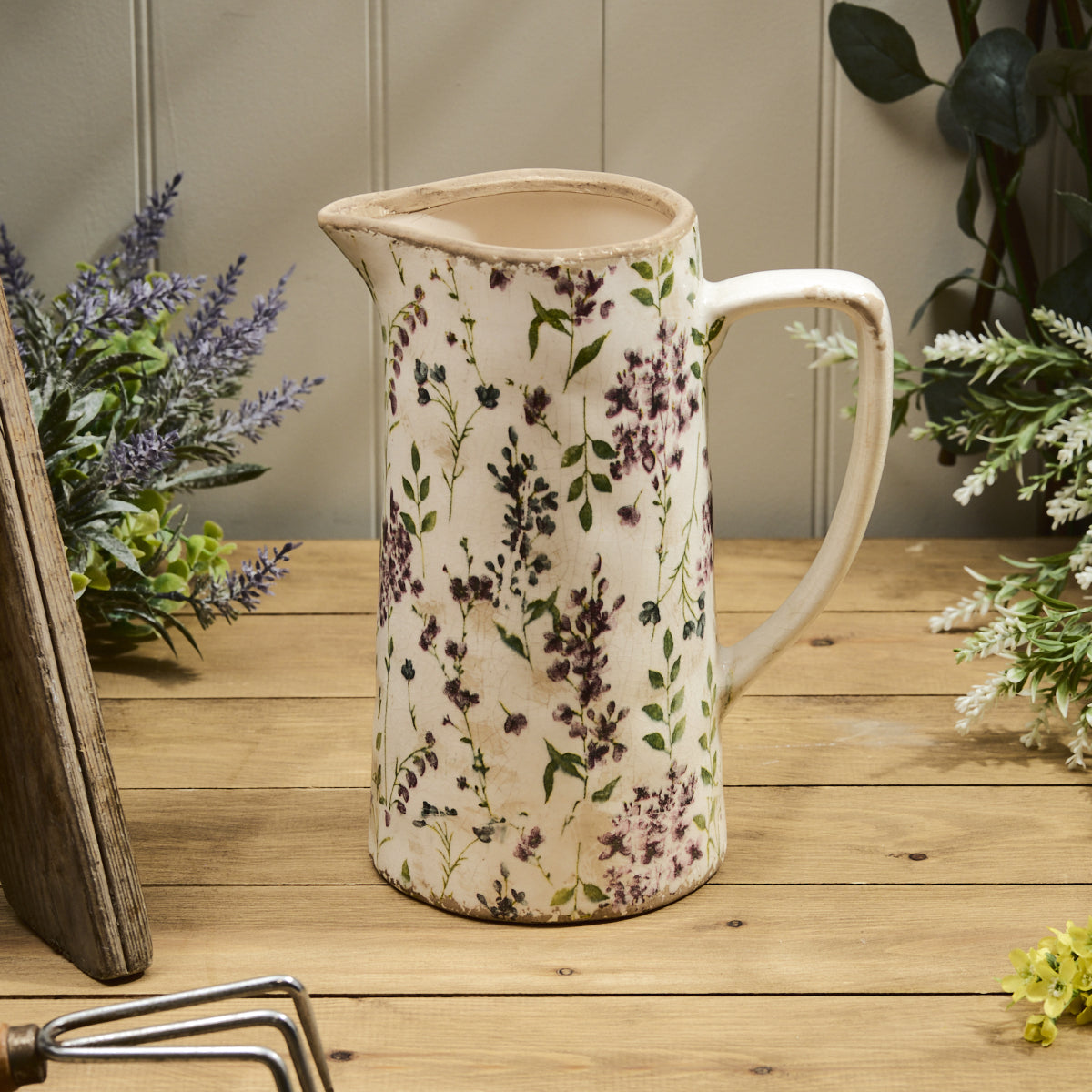 Distressed Floral Ceramic Jug Large